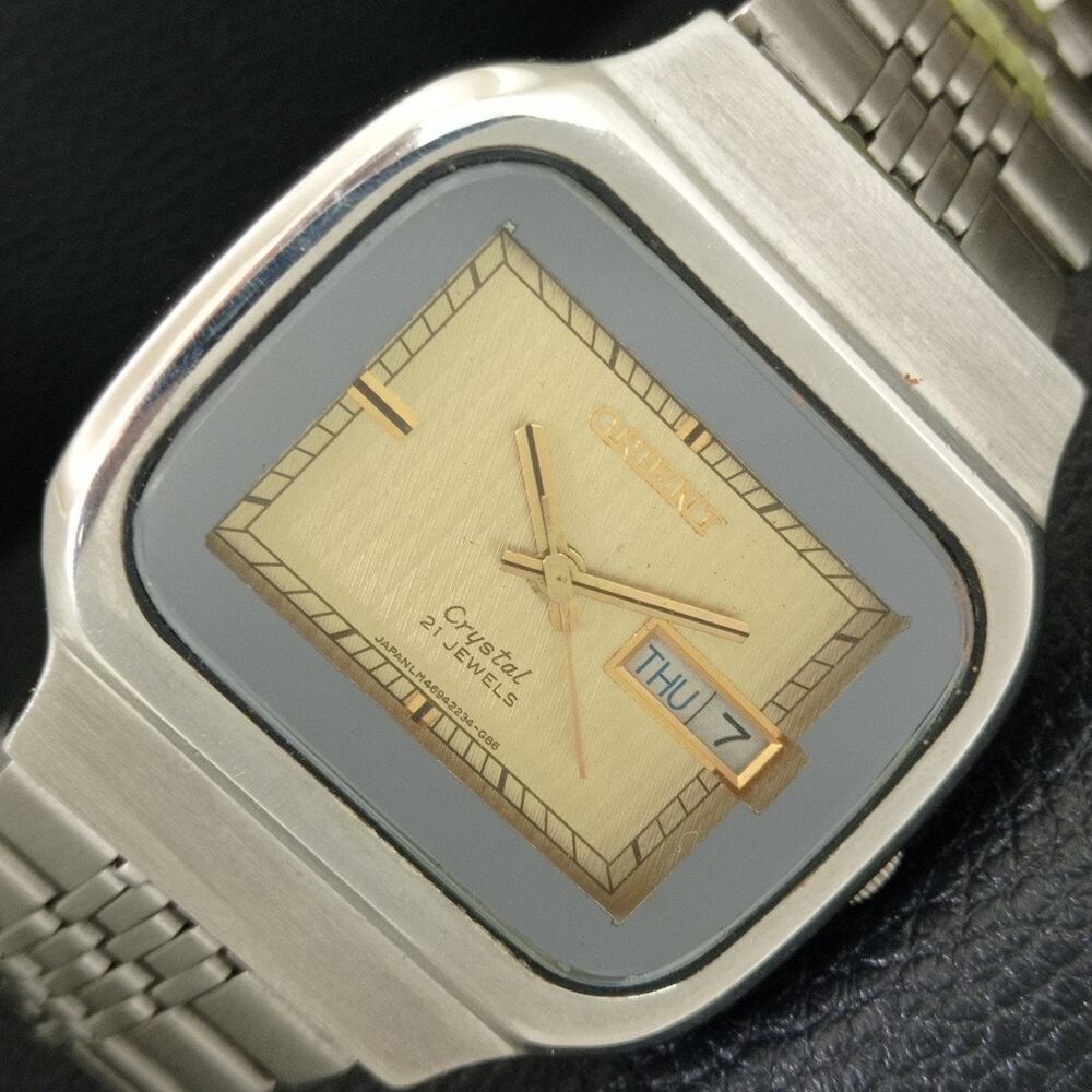 Vintage 1971 Square Orient Automatic Mens Silver Watch W/daydate & Gold accents